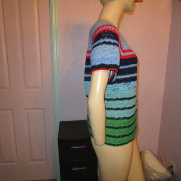 Vtg Hand Knit Sweater Size M Rainbow Stripe Pullover Short Sleeves Boho Hippie - Picture 4 of 7